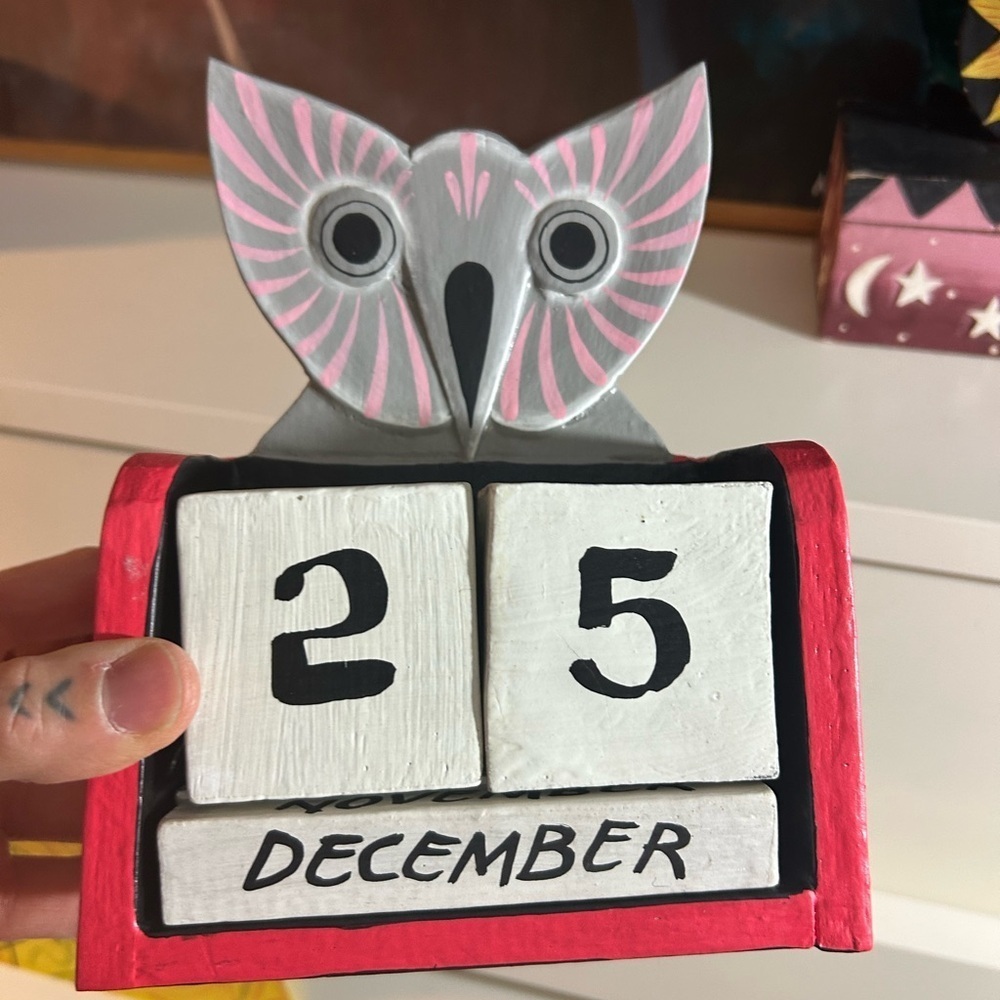 Hand Carved Owl Perpetual Calendar Wooden Desk Calendar Indonesia Boho Decor